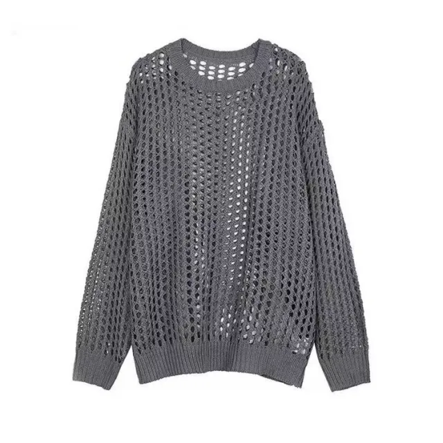 Hand Crocheting Blouse Off the shoulder Hollow out Women's Round neck Sweater Gray - Shop at LoveMi
