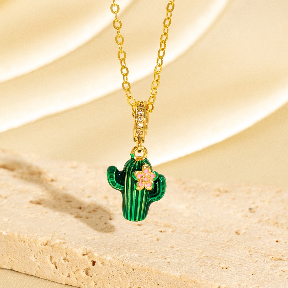 Micro-painted Zircon Droplet Niche Plant Pendant Cactus Necklace - Jewelry & Watches