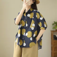 Summer New Literary Flower Printing Loose Polka Dot Short Sleeve Shirt For Women - Blue - View 1