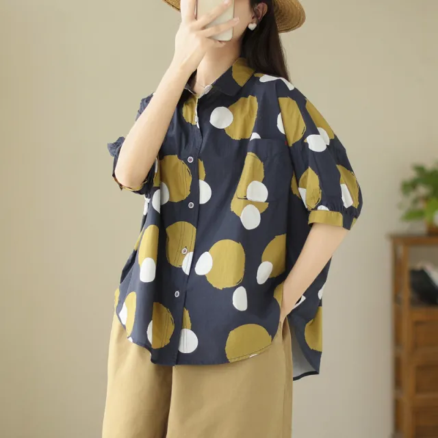 Summer New Literary Flower Printing Loose Polka Dot Short Sleeve Shirt For Women Blue - Shop at LoveMi