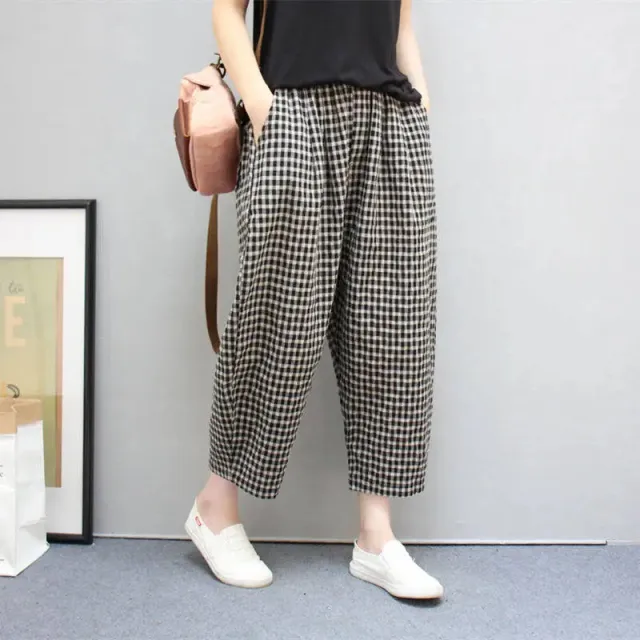 Cotton And Linen High Waist Harem Ankle length Baggy Pants Artistic Plaid Loose Baggy Pants Women Black Plaid - Shop at LoveMi