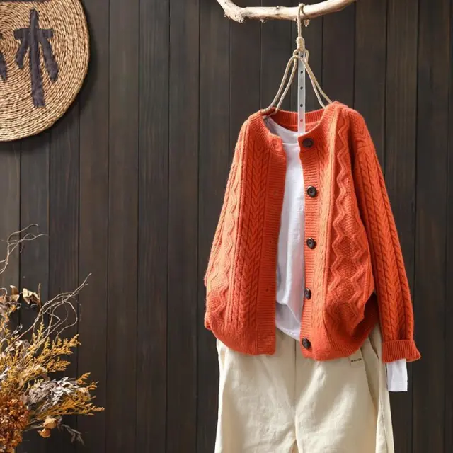 Loose All match Twist Woolen Knit Outer Wear Cardigan Retro Thickened Knitting Orange - Shop at LoveMi