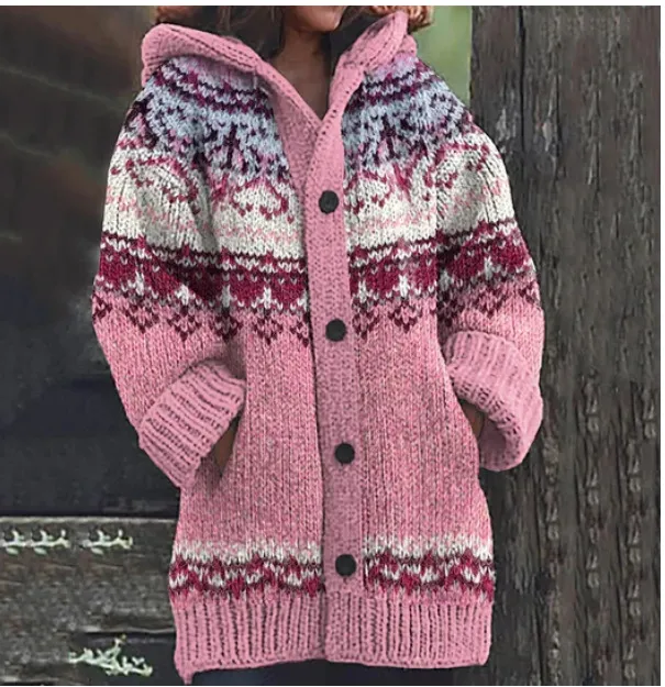 3D Printed Autumn Winter Coat Thickened Hooded Cardigan Sweater Pink - Shop at LoveMi