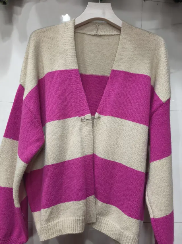 European And American Style Contrast Color Striped Cardigan Women's Loose Long Sleeve Sweater Coat Rose - Shop at LoveMi