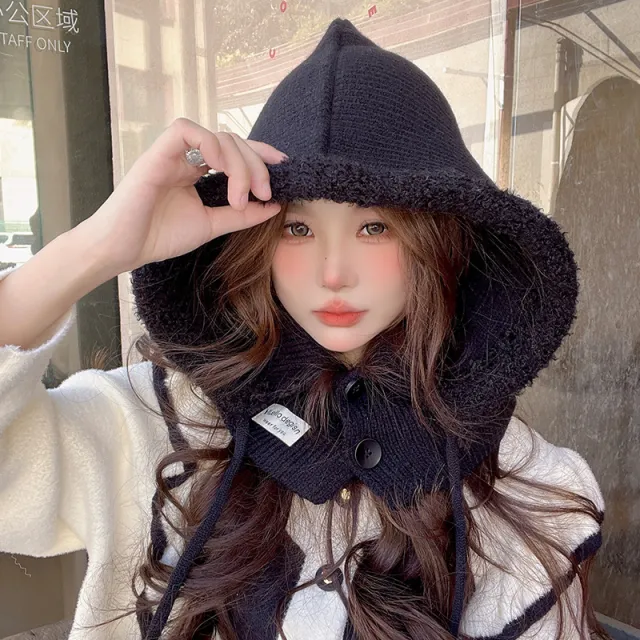 Korean Balaclava Hat Female Winter Warm Hat Scarf One Couple Earflaps Woolen Knitted Hat Black - Shop at LoveMi