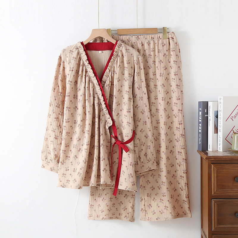 Vintage Printed Slant Opening Long Sleeves Trousers Homewear Camel Rose - Shop at LoveMi