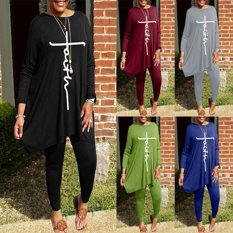 Round Neck Loose Long Sleeves Solid Color Printed Plus Size Women's Clothing Two-piece Set - Image 9