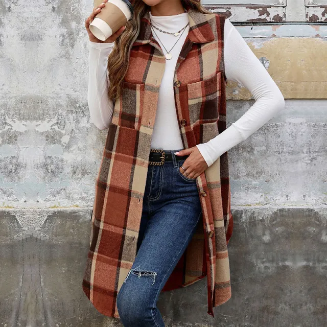 Women's Retro British Style Commute Leisure Lapel Long Plaid Coat Orange - Shop at LoveMi