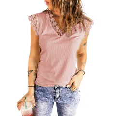 Lace V-neck Slim-fit Solid Colour Simple Outdoor Vest Bottoming Top - Pink - View 1