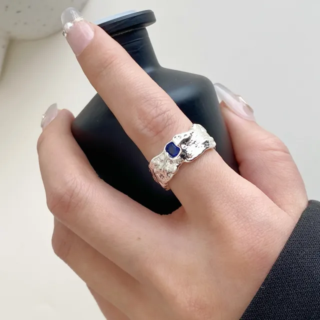 Niche Design High end Irregular Texture Colored Diamond French Vintage Ring Silver Blue Diamond - Shop at LoveMi
