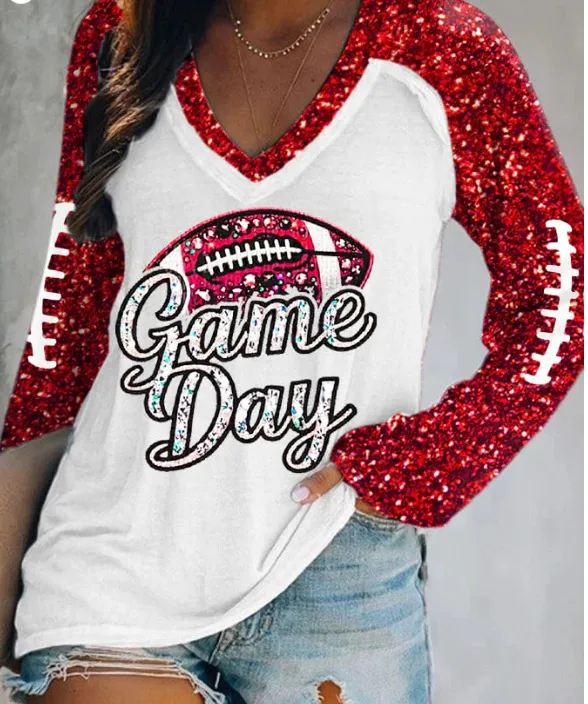 Women's Simple Casual V-neck Long Sleeve T-shirt Printing - Bsl773