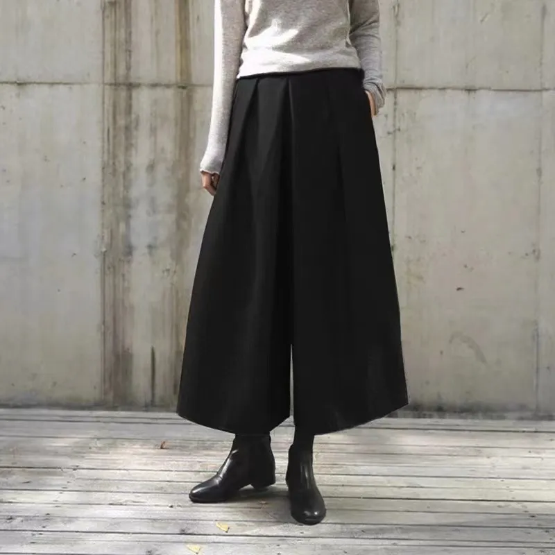 Women's Pants Western Style Culottes Loose Waist Trimming Wide Leg - Black