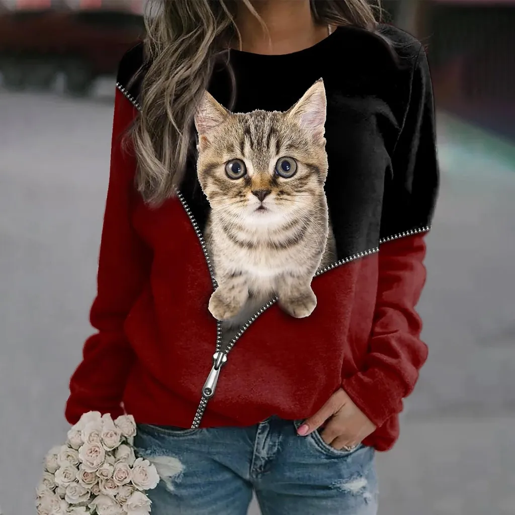 Women's Cat Zipper Digital Printed Round Neck Long-sleeved Sweater - Zha3802