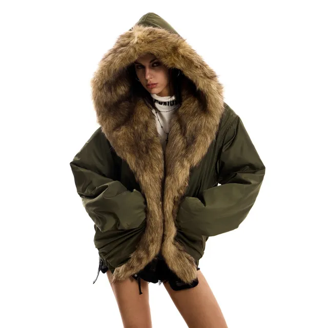 Hooded Cotton Women's Loose Lazy Style Fur Collar Parka Army Green - Shop at LoveMi