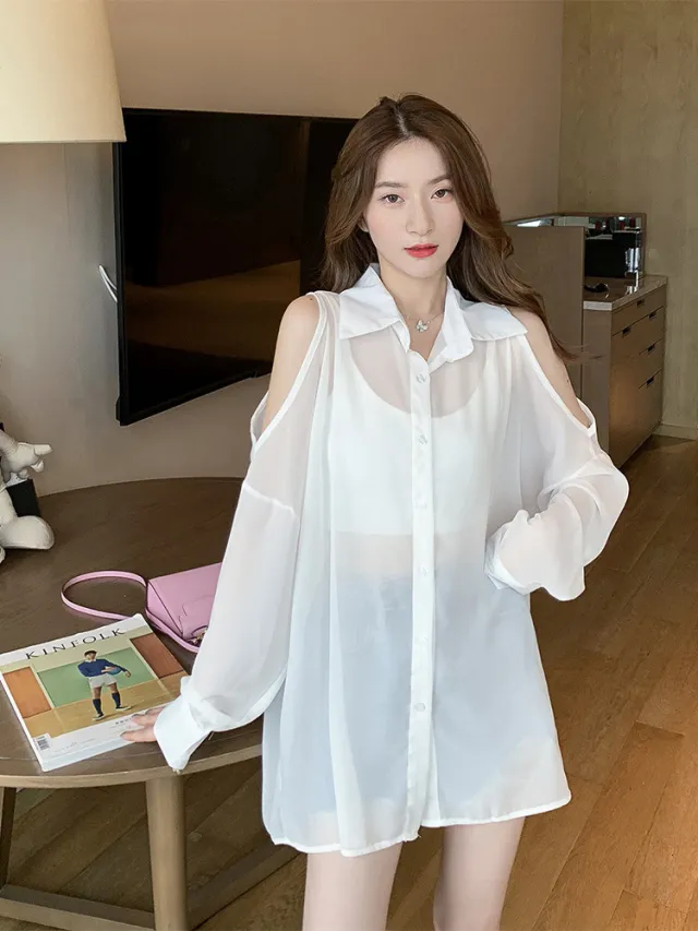 Womens Solid Color Sun Protective Off Shoulder Shirt White - Shop at LoveMi