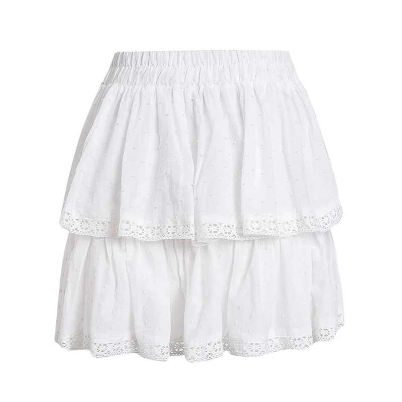 Title 15, White ruffled lace skirt for women. Create roma...