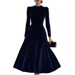 Velvet Round Neck Long Sleeve Velvet A-line Dress - Blue - View 1