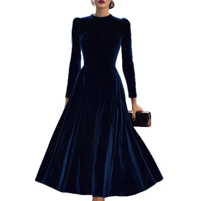 Velvet Round Neck Long Sleeve Velvet A line Dress Blue - Shop at LoveMi
