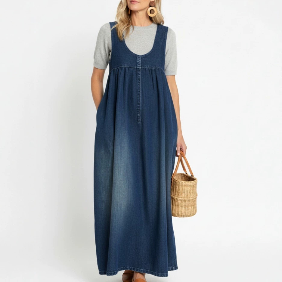 Retro Casual Loose Fit Dress With Large Pockets