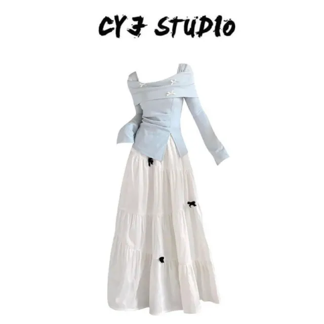 Autumn Blue Split Long sleeved Top High waist Slim Skirt Set Blue Suit - Shop at LoveMi