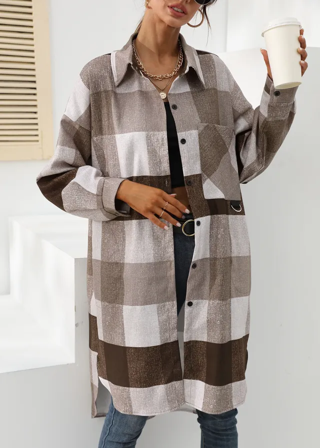 Women's Autumn And Winter Plaid Single breasted Long Coat 109671 Camel - Shop at LoveMi