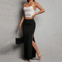 European And American Minimalist Commuting Skirt Summer Elegant Versatile Slimming Slit Wrap Long Skirt - Black - View 1