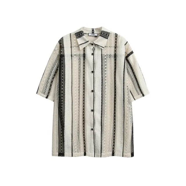 Japanese style Retro Striped Hollow Contrast Color Mesh Loose Short Sleeve Shirt Classic Style - Shop at LoveMi