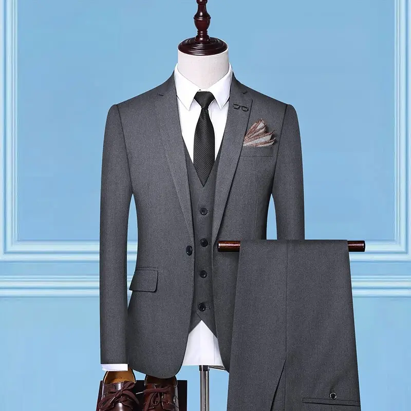 Mens Groom Wedding Suit Solid-Color Three-Piece