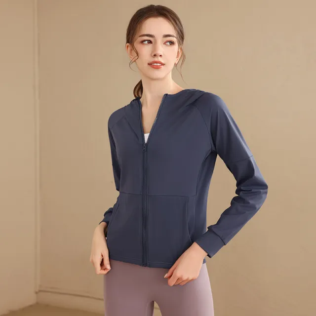 Yoga Clothing Top Long sleeve Zipper Hooded Sports Jacket Navy Blue - Shop at LoveMi