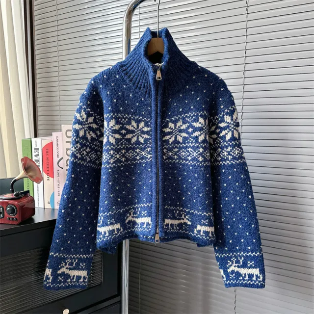 Comfortable Retro Heavy Industry Stand Collar Short Sweater Blue - Shop at LoveMi