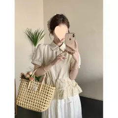 Female Cute Youth-looking Blue Doll Collar Puff Sleeve Shirt - Apricot - View 1