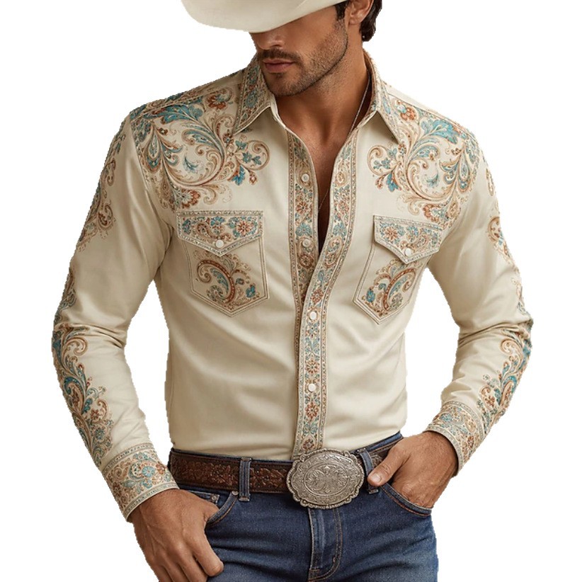 Western Cowboy Style Men's Spring And Autumn Long Sleeve Shirt Stand Collar Shirt