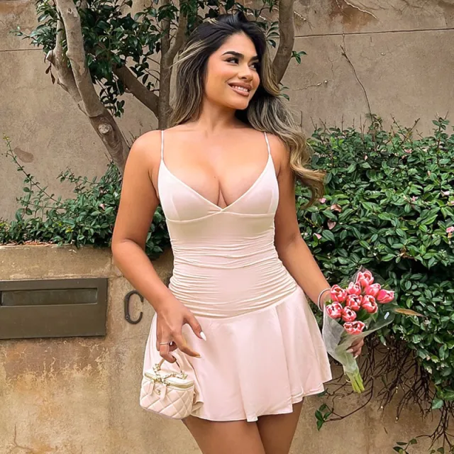 Sexy V neck Suspender Dress Y2K Fashion Slim Ruffled Short Dresses For Women Clithing Pink - Shop at LoveMi