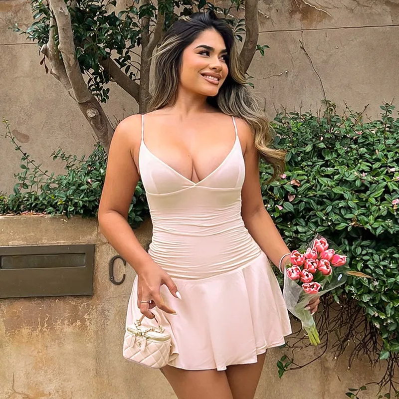 Sexy V-neck Suspender Dress Y2K Fashion Slim Ruffled Short Dresses For Women Clithing - Pink