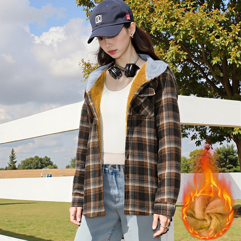 Casual And Loose Hooded Plaid Shirt Top For Women - Image 1