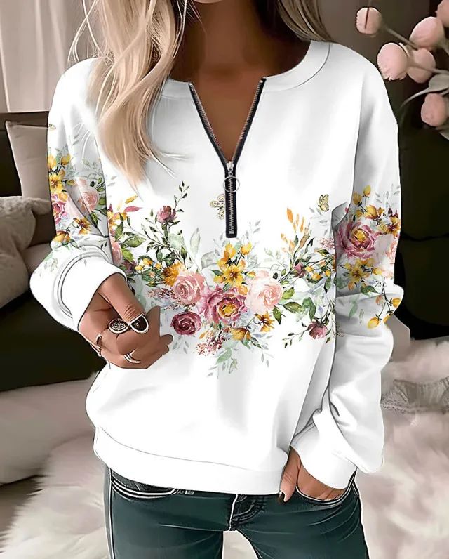 Women's Printed V neck Long Sleeve Pullover Loose Sweater White - Shop at LoveMi