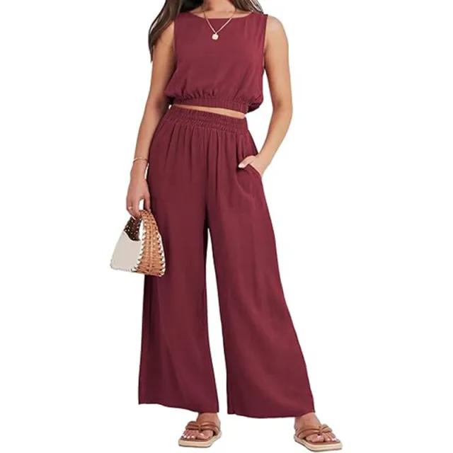Casual Round Neck Sleeveless Elastic Lower Hem High Waist Wide Leg Two piece Set Wine Red - Shop at LoveMi