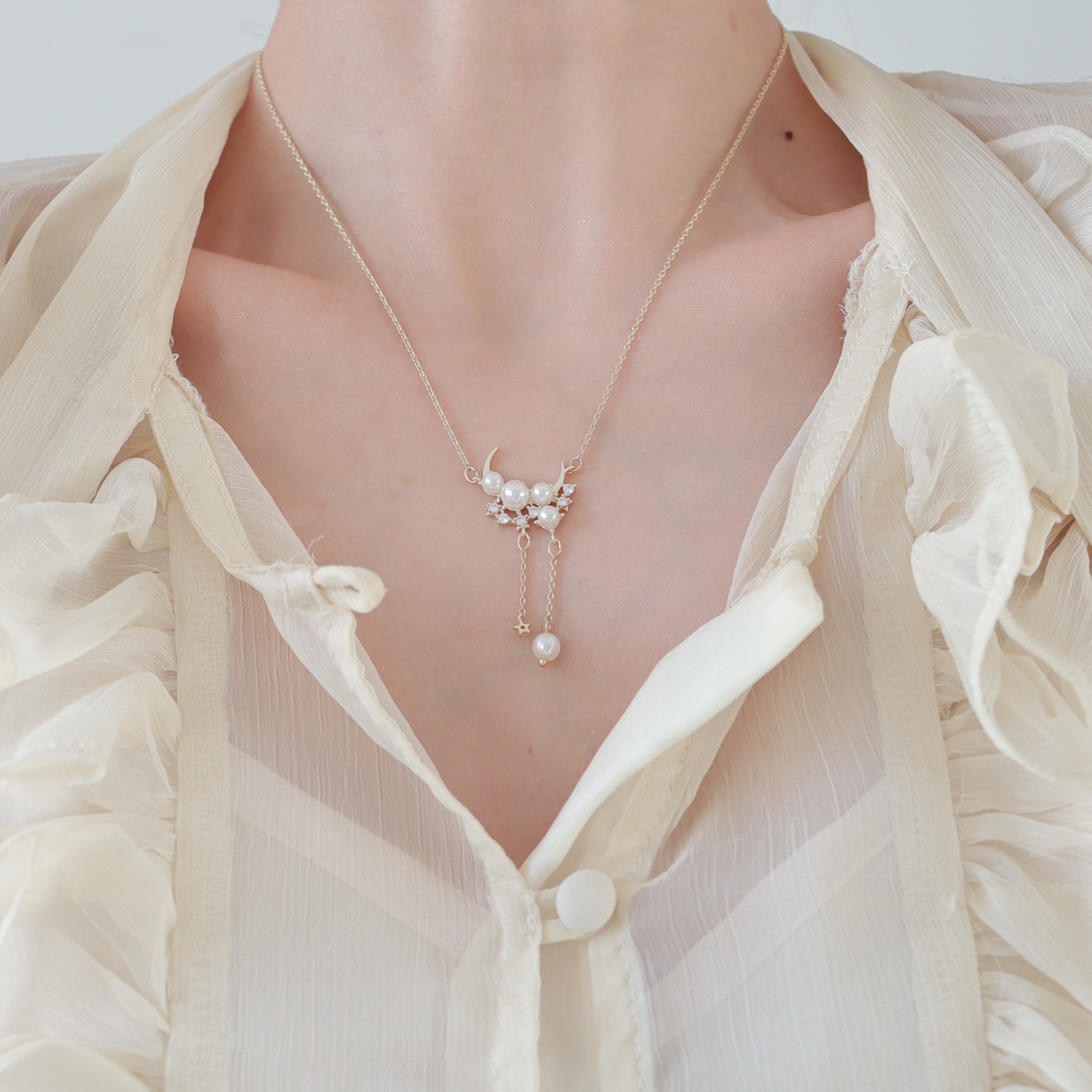 Fashion Simple Moon Tassel Pearl Necklace Earrings