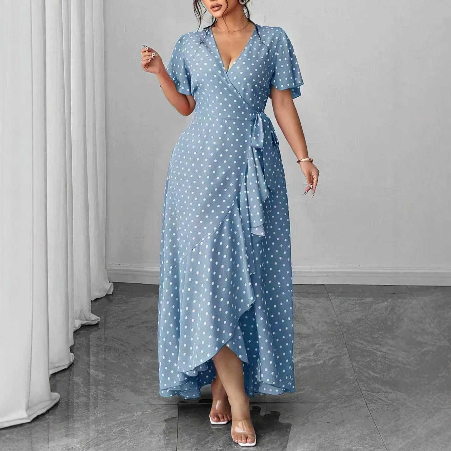 New Minimalist Elegant V-neck Midi Dress With Floral Print And Tie-up Detailing product image