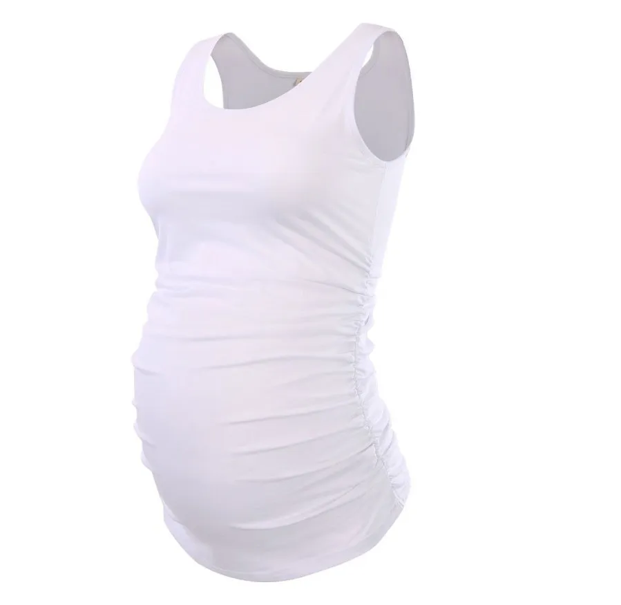 Casual Solid Color Round Neck Wrinkle Maternity Top Vest T-shirt - White