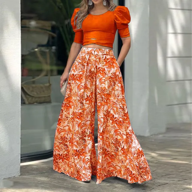Puff Sleeve Cross Hem Short Top Printed Wide Leg Pants Suit Orange - Shop at LoveMi