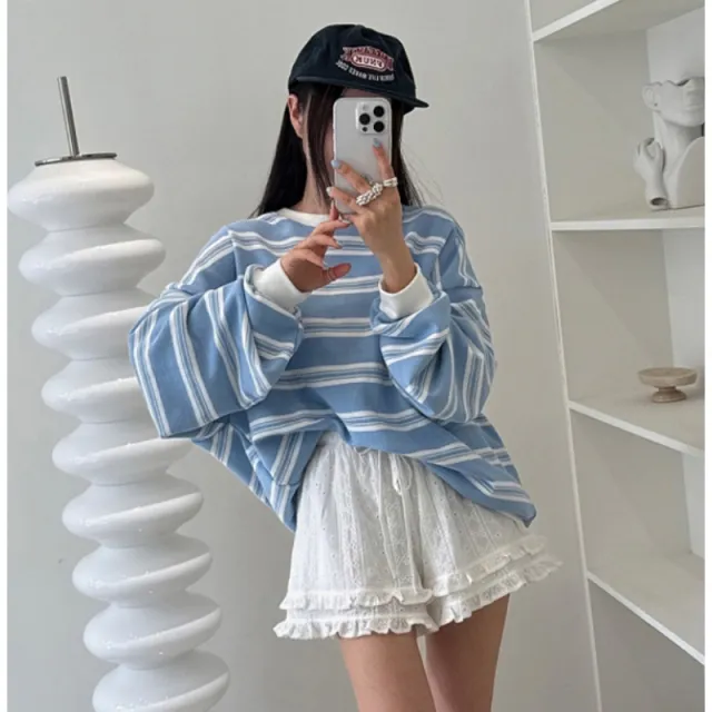 Korean Retro Preppy Style Striped Long Sleeve Sweatshirt Blue - Shop at LoveMi