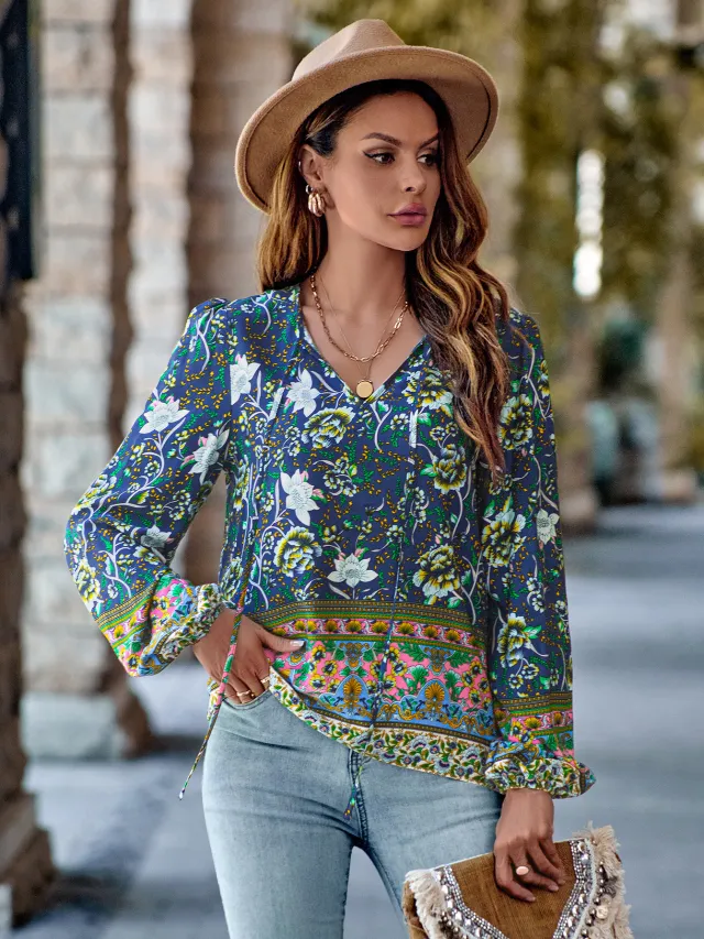 Cross Border Printed V neck Loose Long Sleeve Top Women Dark Blue - Shop at LoveMi