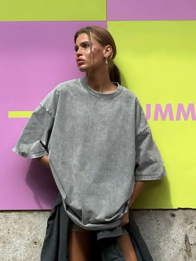 Washed Old Short sleeved T shirt European And American Relaxed Casual Round Neck Light Gray - Shop at LoveMi