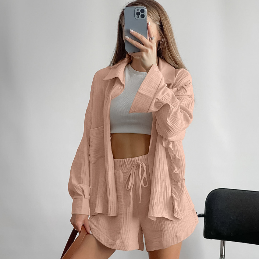 Womens Pure Cotton Pajama Set For FallWinter Long Sleeve Top And Shorts Two Piece Loungewear Set