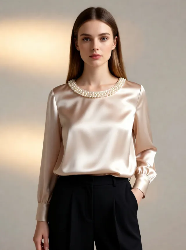 Womens French style Sophisticated Pearl collared Satin Blouse Apricot - Shop at LoveMi