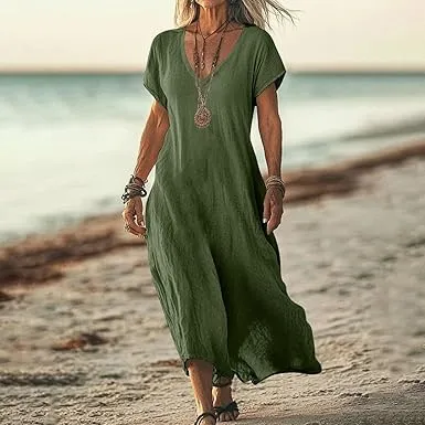 Loose Solid Color And V neck Cotton And Linen Dress Green - Shop at LoveMi