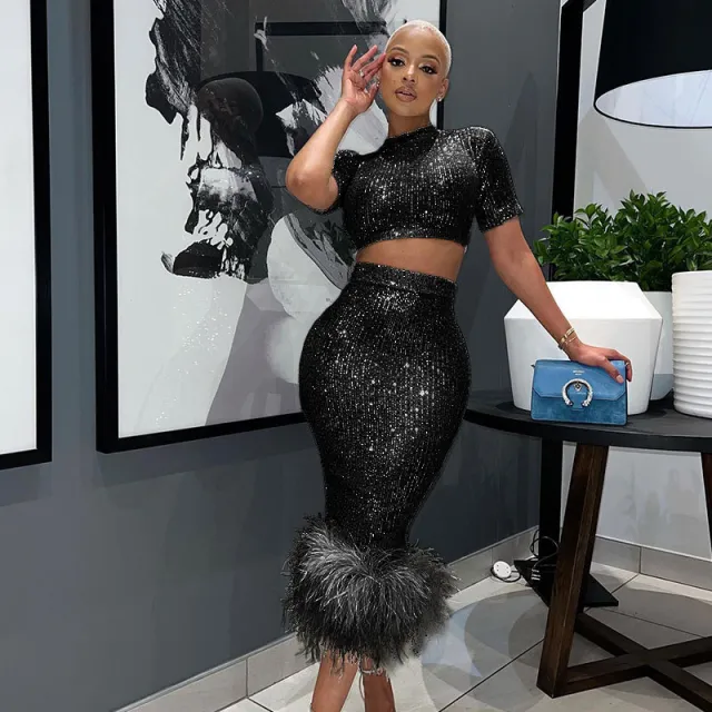 Fashionable Sequins Short Sleeve Sheath Sexy Feather Non ironing One step Skirt Black - Shop at LoveMi