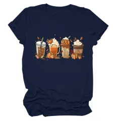 Women's Loose New Print Short Sleeve European And American Fashion T-shirt Top - Dark Blue - View 1