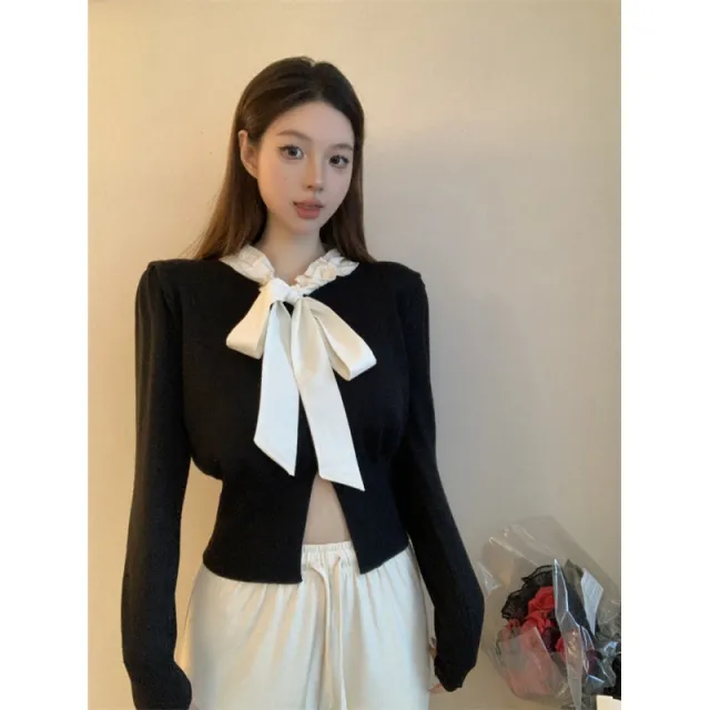 Bow Bandage Long sleeved Top Women's Short Sweater Black - Shop at LoveMi